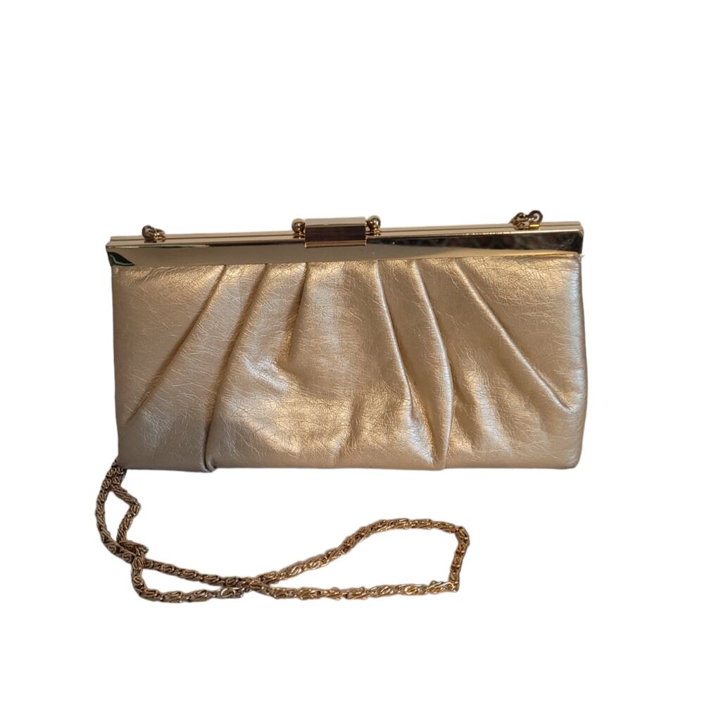 Gunne Sax Women's Beige Evening Bag Pleated Clutch with Chain Shoulder Strap
